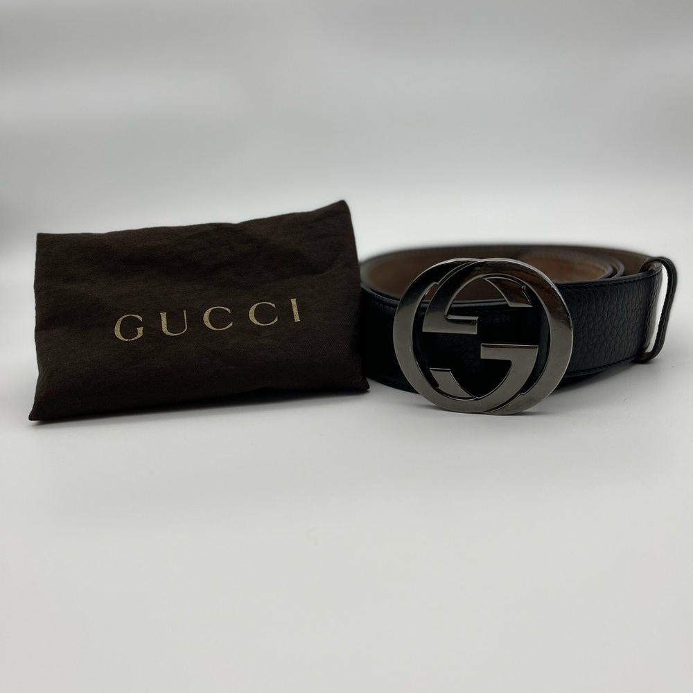 AUTHENTIC~Gucci interlocking G belt. Black leather with silver gunmetal buckle.